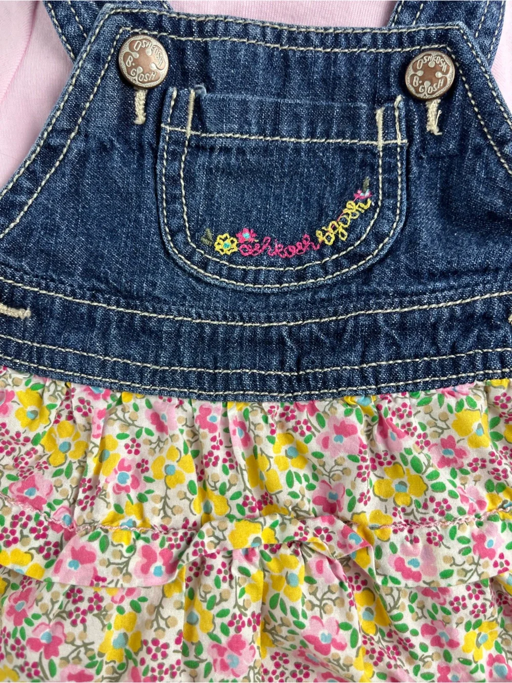 Oshkosh Denim Floral Ruffle Overalls - Pink & Yellow Girls' Bottoms